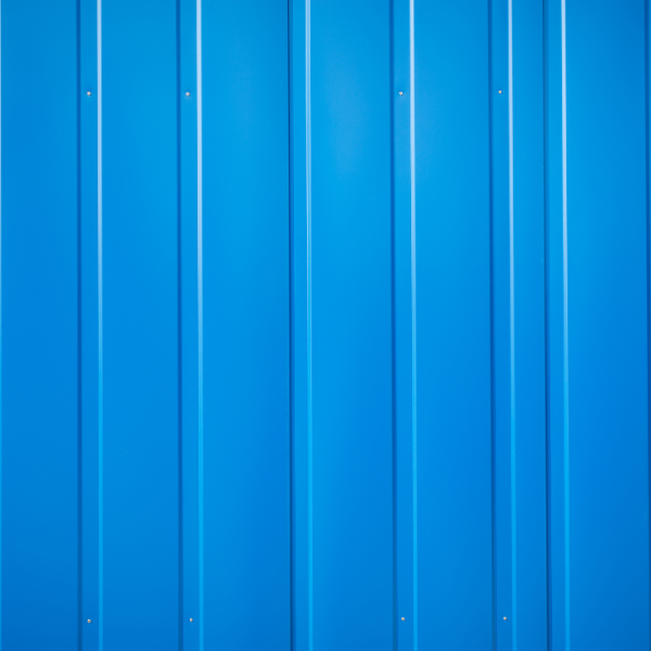 An image of blue metal siding. 