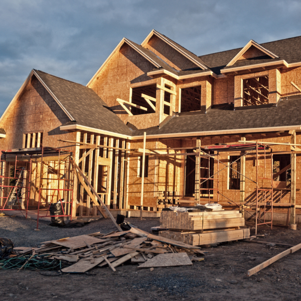 An image showing new home construction with siding being installed.
