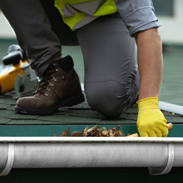 An image showing a person clearing debris from a metal roof.