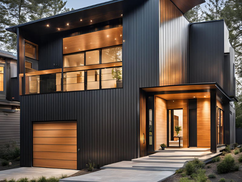 An image showing a modern home exterior with sleek metal house siding.