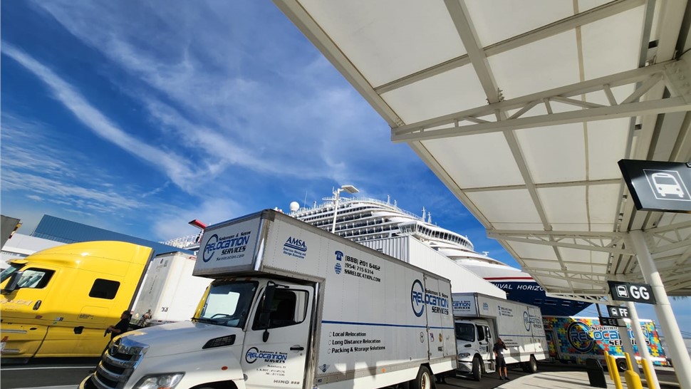 White Solomon & Sons relocation trucks parked in a row at a cruise terminal loading zone with a cruise ship in the background.