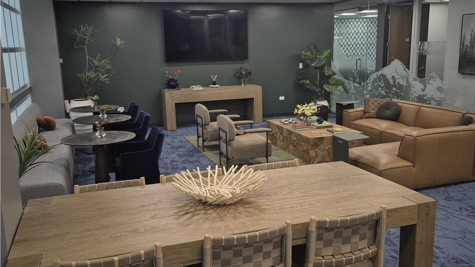 Office lounge furniture and common area setup completed during a Denver regional office relocation by Solomon & Sons.