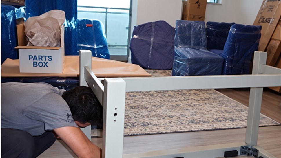 Professional mover disassembling furniture during a high-rise move in North Bay Village