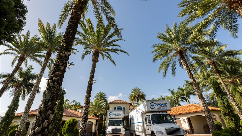 Two Solomon & Sons moving trucks parked in front of a Florida home surrounded by palm trees in sunny Florida.