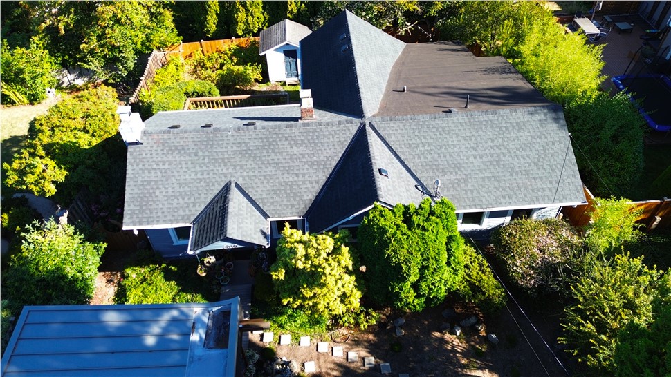 Seattle WA roof replacement overhead GAF charcoal shingles