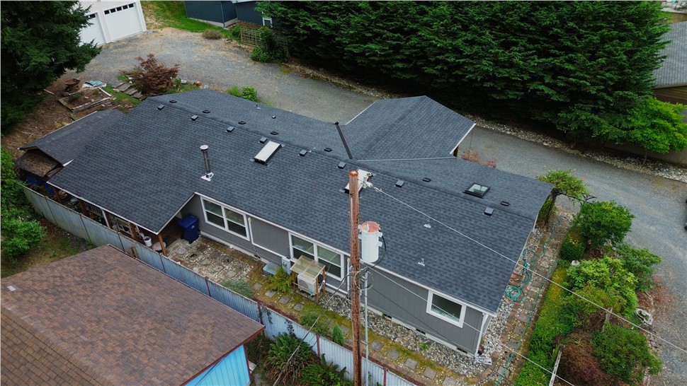 Stanwood WA roof replacement overhead view GAF HDZ charcoal shingles