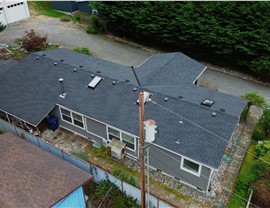 Stanwood WA roof replacement overhead view GAF HDZ charcoal shingles