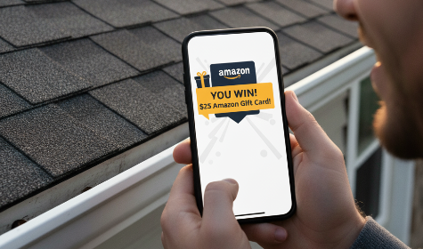 A person holds a cell phone, with the screen displaying a "YOU WIN! Amazon Gift Card" notification. An asphalt shingle roof is visible in the background.