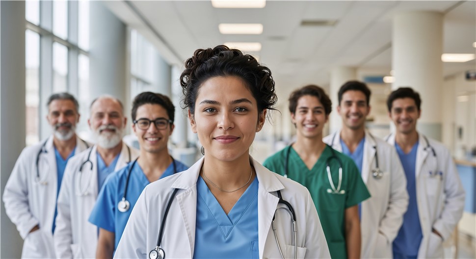 healthcare staff lined up in a v -shape smiling for the camera in a healthcare setting