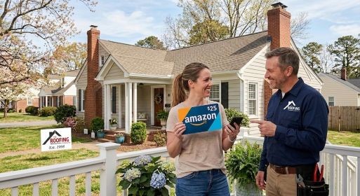A person holds a cell phone, with the screen displaying a "YOU WIN! Amazon Gift Card" notification. An asphalt shingle roof is visible in the background.