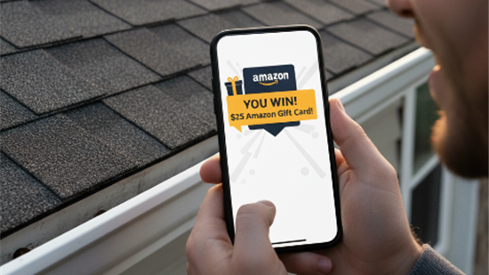 A person holds a cell phone, with the screen displaying a "YOU WIN! Amazon Gift Card" notification. An asphalt shingle roof is visible in the background.