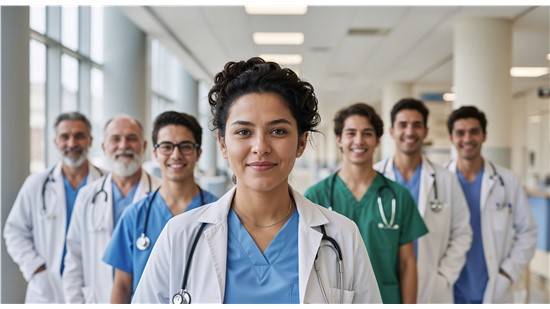 healthcare staff lined up in a v -shape smiling for the camera in a healthcare setting
