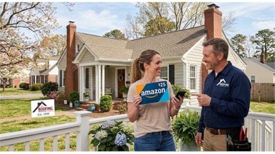 A person holds a cell phone, with the screen displaying a "YOU WIN! Amazon Gift Card" notification. An asphalt shingle roof is visible in the background.
