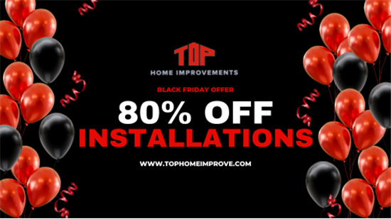 Black Friday home improvement sale graphic showing 80% off installations for Michigan homeowners