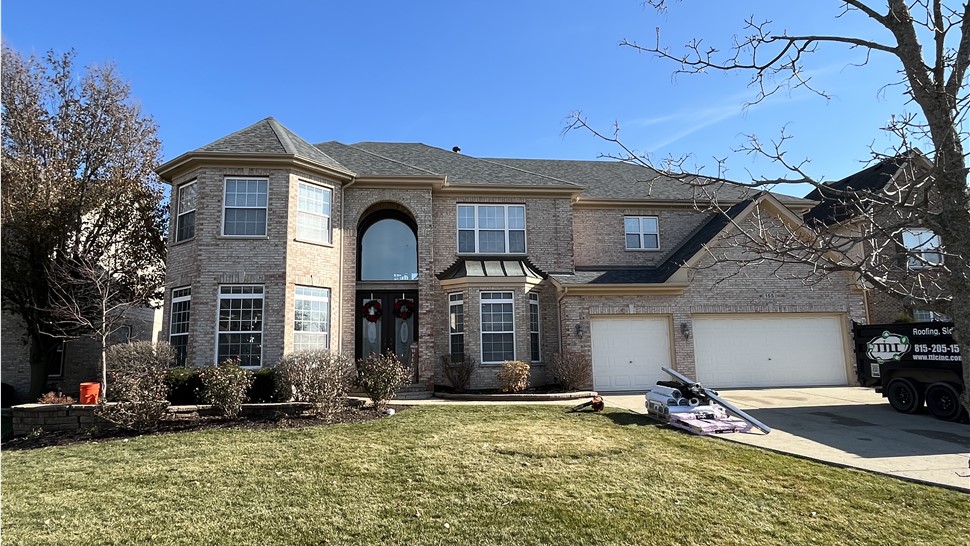 Front angle, roofing job, efficient, organized, patient, informed, dedicated, well respected, well reviewed, industry leader, Bloomingdale.