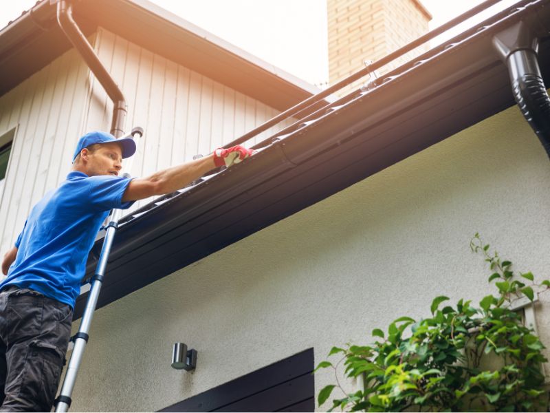 Professionally inspecting gutters in residential homes, showcasing the need for expert rain gutter installation services