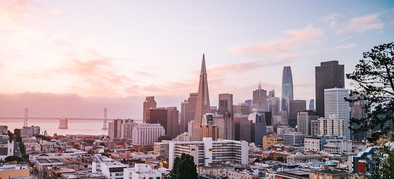 San Francisco skyline view with Transamerica Pyramid at sunset