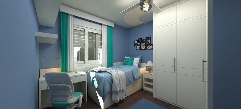 A modern dorm room interior. 