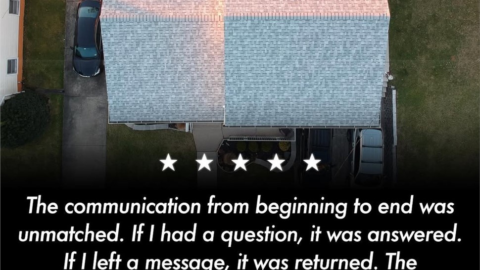Customer testimonial graphic featuring a newly installed asphalt shingle roof by Warner Exteriors.