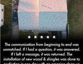 Customer testimonial graphic featuring a newly installed asphalt shingle roof by Warner Exteriors.