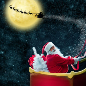 Santa flying his sleigh over Ohio before delivering like a Cleveland mover