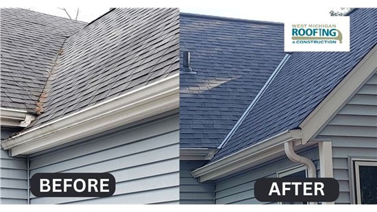 Before and After of a roof replaced by West Michigan Roofing
