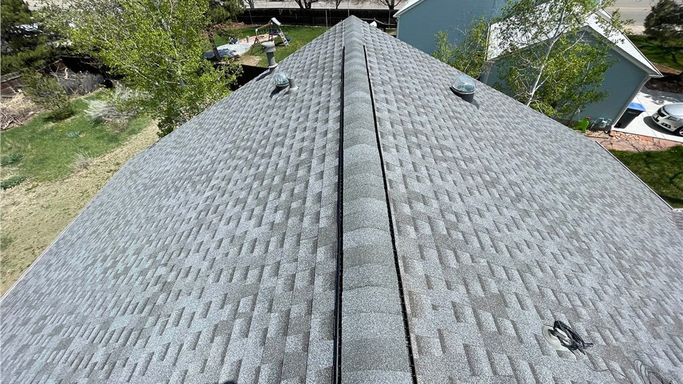 Ridge live view of new GAF Armorshield II roof in Pewter Gray on home in Lafayette Colorado