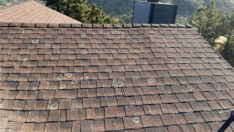 Hail Damaged Roof hail test square in Lyons Colorado