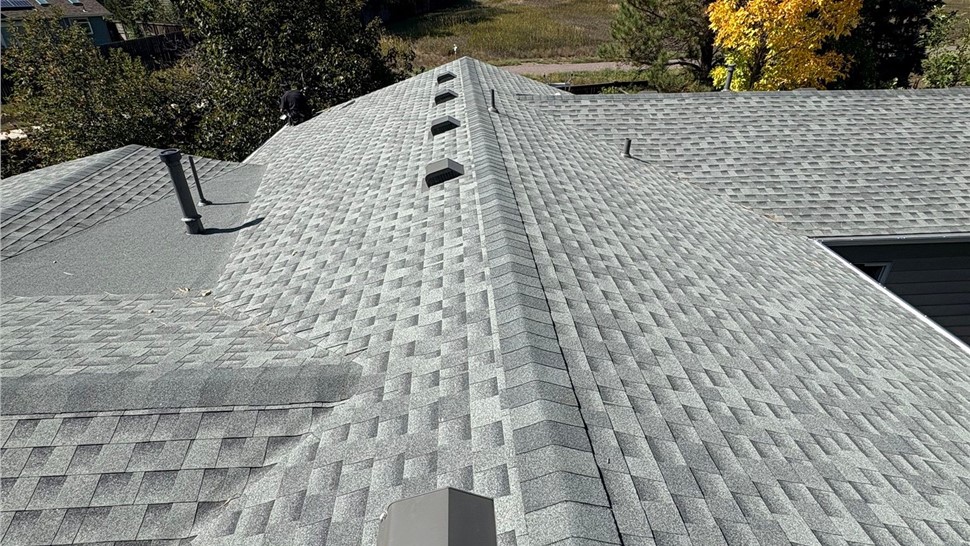 ridge line view of new gaf armorshield ii roof in louisville colorado