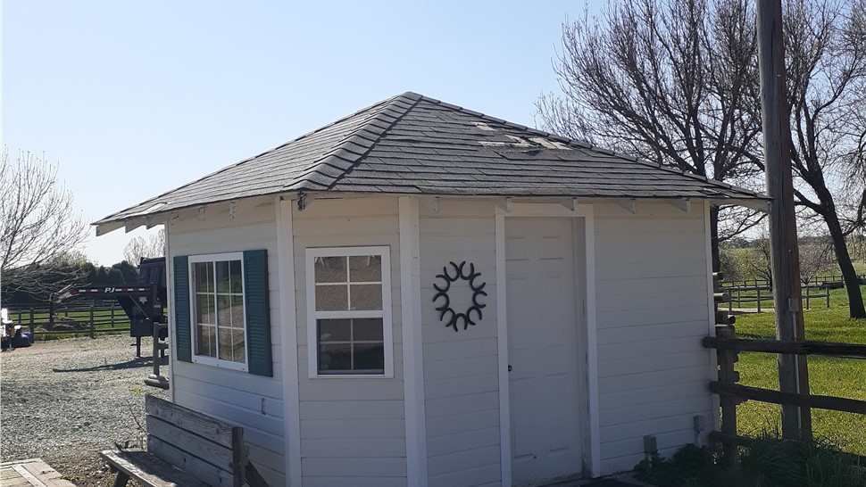 Detached shed with worn roof before replacement in Fort Collins Colorado