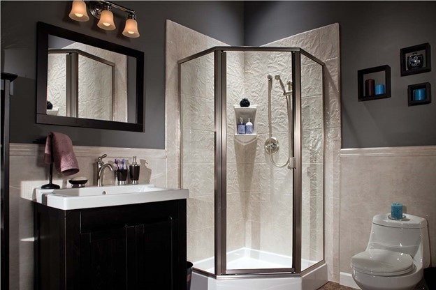 A photo of a ZINTEX walk-in shower installed in the corner of a bathroom to maximize space. Pulled from the ZINTEX photo gallery.